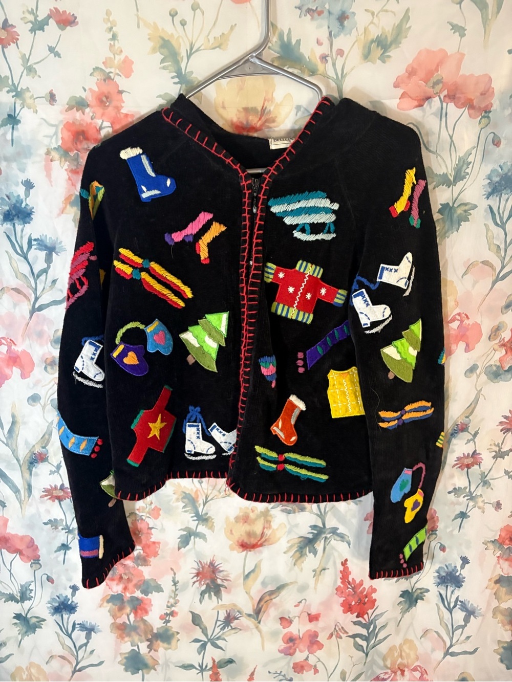Vintage Black Embroidered Holiday Jacket - Colorful Appliqué